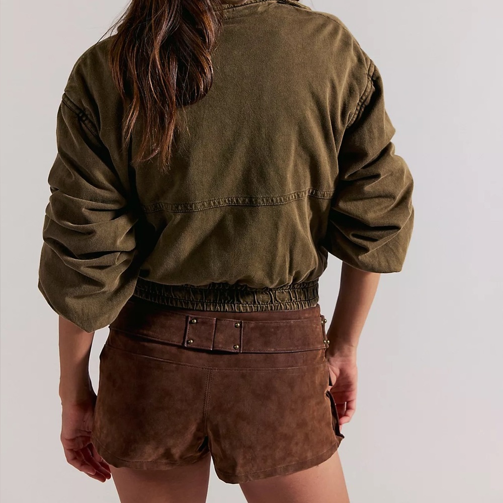 Olive Cropped Utility Jacket with Brown Suede Shorts Set - Picture 4 of 5